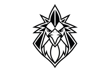 Obraz premium Striking rooster head with sharp feathers and piercing gaze in black outlines creates impact