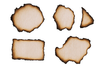 Obraz premium Collection of Aged, Burned Paper Fragments with Charred Edges on a Contrasting Background