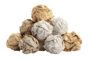 Pile of crumpled paper balls isolated on transparent background