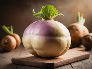 High-Detail Rutabaga on Rustic Background – Fresh Whole Root Vegetable with Rough Skin, Green Top, and Warm Earthy Lighting for Farm-to-Table or Organic Produce Concepts