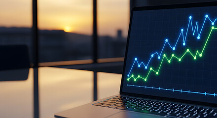 Financial Line Chart Displayed On Laptop Screen With City Skyline Reflected In Glass Desk During Sunset Hour