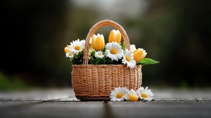 A wicker basket filled with yellow tulips and white daisies sits on a wooden surface.