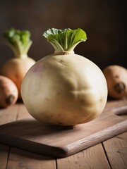 Realistic Rutabaga with Rough Texture – Fresh Root Vegetable on Wooden Surface with Softly Blurred Earth-Toned Background and Natural Lighting for Rustic Food Styling