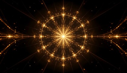 Glowing golden mandala with radiating light beams against a black background