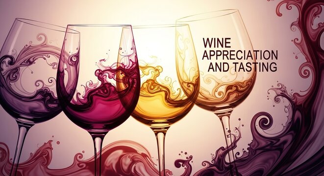 Four wine glasses filled with different colored wines with text overlay.