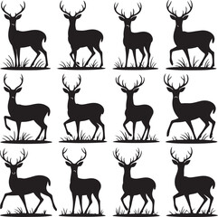 Graphic black silhouettes of wild deers – male, female and roe deer