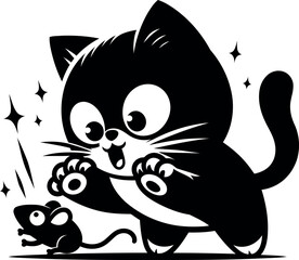 Playful Black Cat Chasing Mouse
