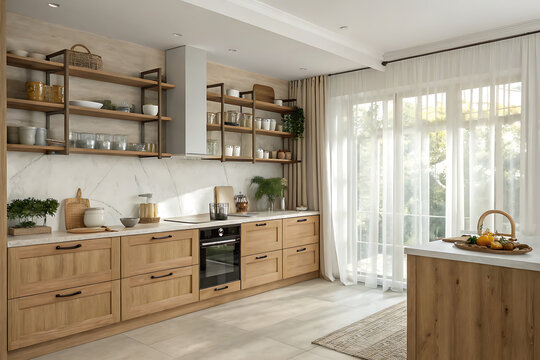 Modern oak kitchen featuring open shelving, sleek appliances, and abundant natural light from large windows.