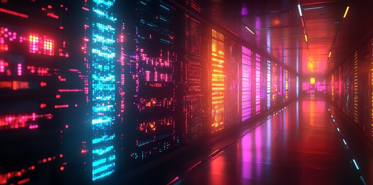 Futuristic Data Center with Bright Neon Lights and Digital Screens