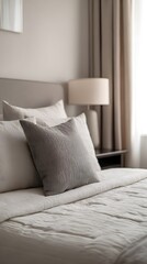 Obraz premium A closeup view of a neatly made bed with plush pillows and a textured comforter, illuminated by soft natural light filtering through the curtains, creating a serene and inviting bedroom atmosphere
