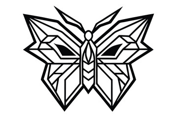 Striking geometric butterfly with bold black lines showcases symmetrical detail against a white backdrop