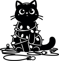 Black Cat Tangled in Christmas Lights