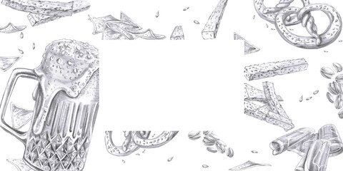 Fototapeta premium Rectangular frame with a glass of beer and various snacks. Isolated pencil illustration in a realistic style for the design of fairs, beer festivals, bars, interiors, menus.