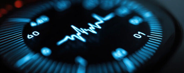 Heart rate monitor displays rhythmic heartbeat patterns in vibrant blue light with detail close-up