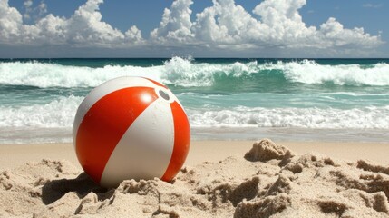 Obraz premium A beach ball sits on a sandy beach, with the ocean and waves in the background.