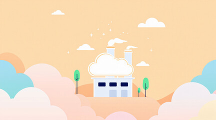 Cute cartoon factory surrounded by pastel clouds and trees in a dreamy landscape