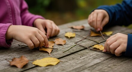 Fototapeta premium Close-up of children's hands creating leaf art and natural mandala on wooden outdoor table with colorful autumn leaves and twigs, seasonal activity and nature connection