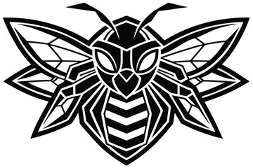 Obraz premium Stylized black and white hornet emblem displays symmetrical geometric wings and a striped body