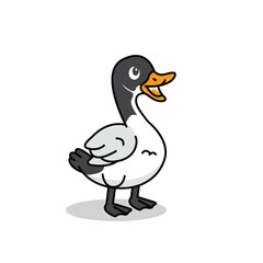 Vector illustration of goose isolated on white background. Cartoon goose with orange beak happily stands on white background, looking cheerful