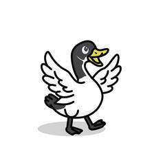 Cartoon goose with wings spread, Goose flapping wings with happy cartoon face in bold line style farm animal character,  isolated on white background.
