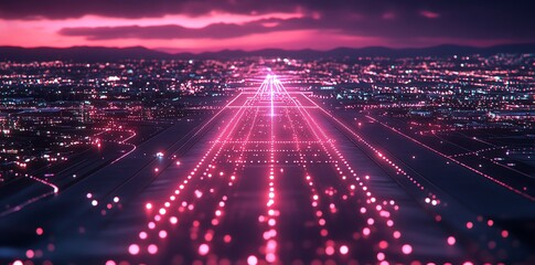 Futuristic Neon Digital Roadway with Glowing Pink Lights Over Cityscape at Night