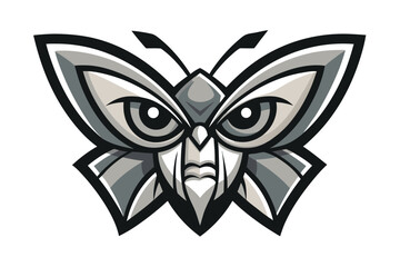 Stylized monochrome butterfly with large eyes and thick outlines stands on a plain white background