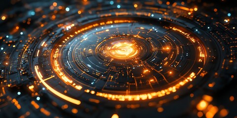 Futuristic Digital Interface with Glowing Circular Data Visualization in Dark Background