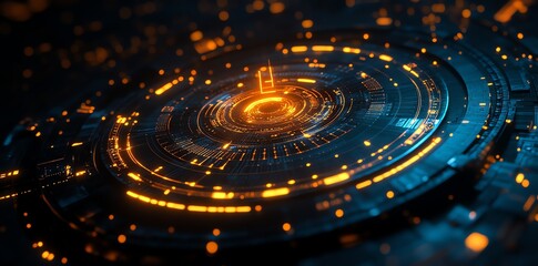 Futuristic Digital Interface with Glowing Orange Blue Circular Data Visualization