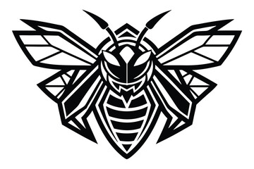 stylized bee displays symmetrical wings and striking monochrome contrast in form