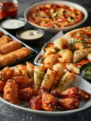 Fototapeta premium A delicious assortment of fried chicken, pizza slices, crispy spring rolls, and golden potato wedges are served with a variety of flavorful dipping sauces on a dark surface