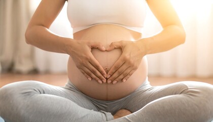 Pregnant woman making a heart gesture with hands on her bare belly in sunlight.
