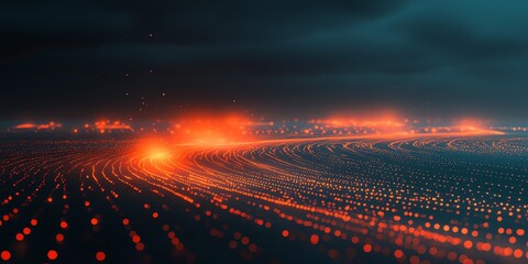 Futuristic Digital Landscape with Glowing Orange Data Points and Dark Cloudy Sky