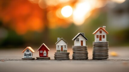 Miniature houses on stacks of coins, symbolizing rising home prices
