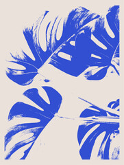 Modern art print of monstera leaves in a blue monochrome screen print style. Abstract botanical illustration with a textured, grunge effect for wall art