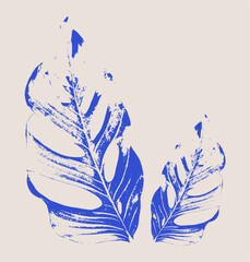 Set of two monstera leaf prints in a blue grunge screen print style. Abstract tropical plant illustration with a distressed, textured effect © AdhinesaDaffa
