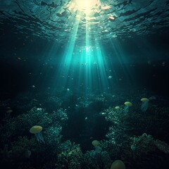 Obraz premium Sunlight piercing deep blue ocean waters above coral reef