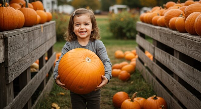 Smiling young girl holding large pumpkin while standing between pumpkin stalls outdoors during autumn, surrounded by pumpkins and fall foliage, capturing seasonal harvest joy - Powered by Adobe