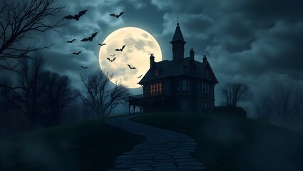 Fototapeta premium Eerie Halloween Background with Haunted Victorian House on Hill, Bats, Leafless Trees, Misty Moonlight