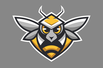 The stylized cartoon wasp face features distinctive wings, prominent yellow stripes, and sharp horns