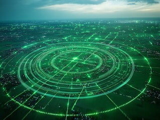 Futuristic Digital Network Visualization with Green Data Circles and Cityscape in the Background