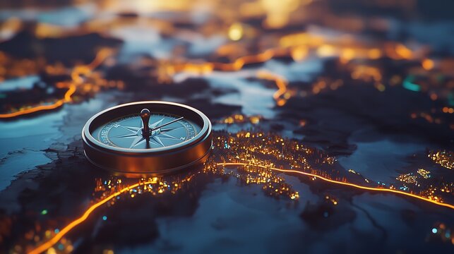 Seeking adventure a golden compass guides explorers through glowing cities on a digital map sharp metallic focus and
