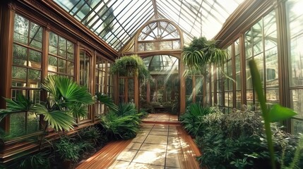 Victorian fairy tale greenhouse with botanical garden design, blending fantasy architecture and magical nature in a dreamlike setting.