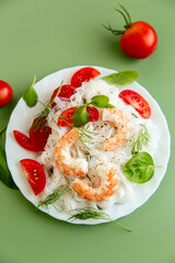 Light fitness salad of rice noodles shrimp and fresh herbs