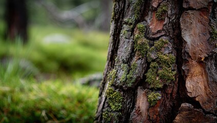 Obraz premium Close-up of a weathered tree trunk with moss