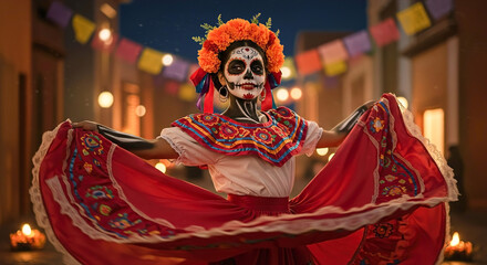 Colorful celebration of Día de los Muertos with traditional outfit and makeup in vibrant street setting