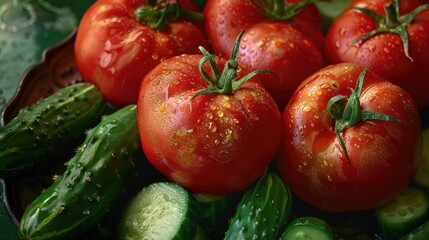 Background of fresh and juicy vegetables. Cucumbers, tomatoes, lettuce leaves. Organic vegetables. Vegetarianism.