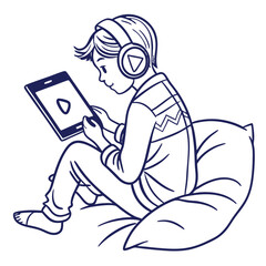 A boy with headphones is watching a video on a tablet while sitting on a pillow