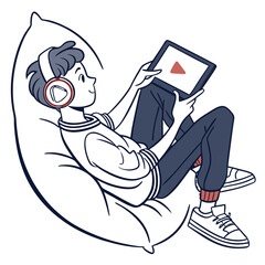 A young man is relaxing in a beanbag chair while watching a video isolated on white background