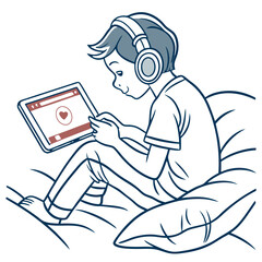 Boy with headphones relaxing in bed watching a tablet isolated on white background