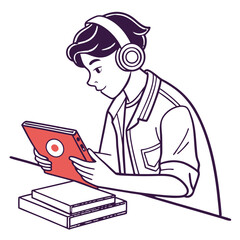 Boy with headphones using tablet on desk isolated on white background